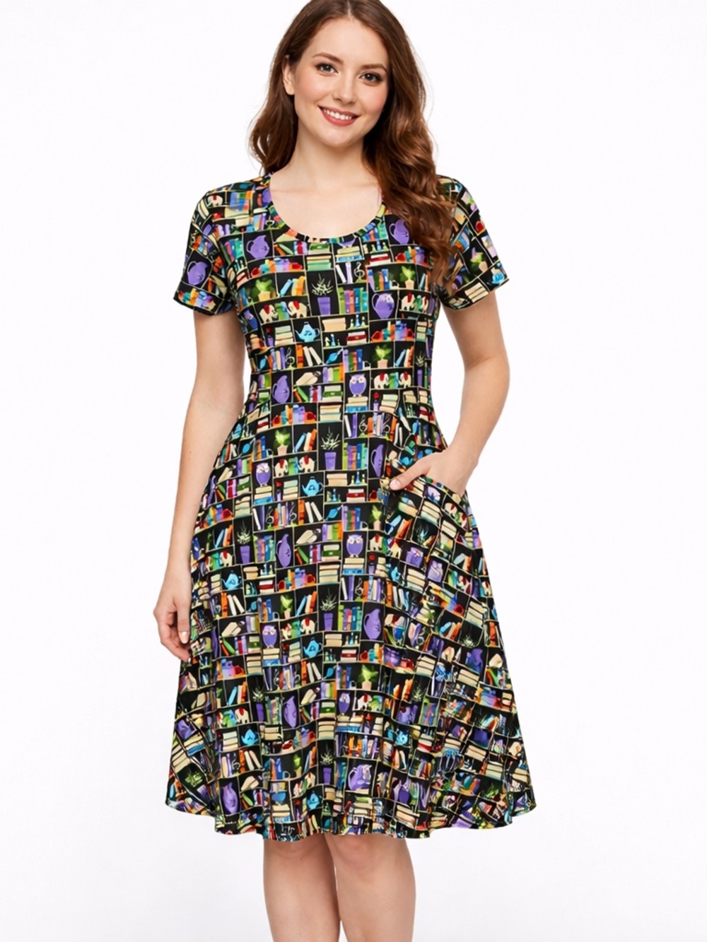 Svaha USA Radia Dress L Bookshelf Library Print Organic Cotton Pockets Teacher